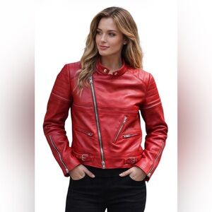 Good American Faux Leather Red Cropped Moto Jacket Sz S/M